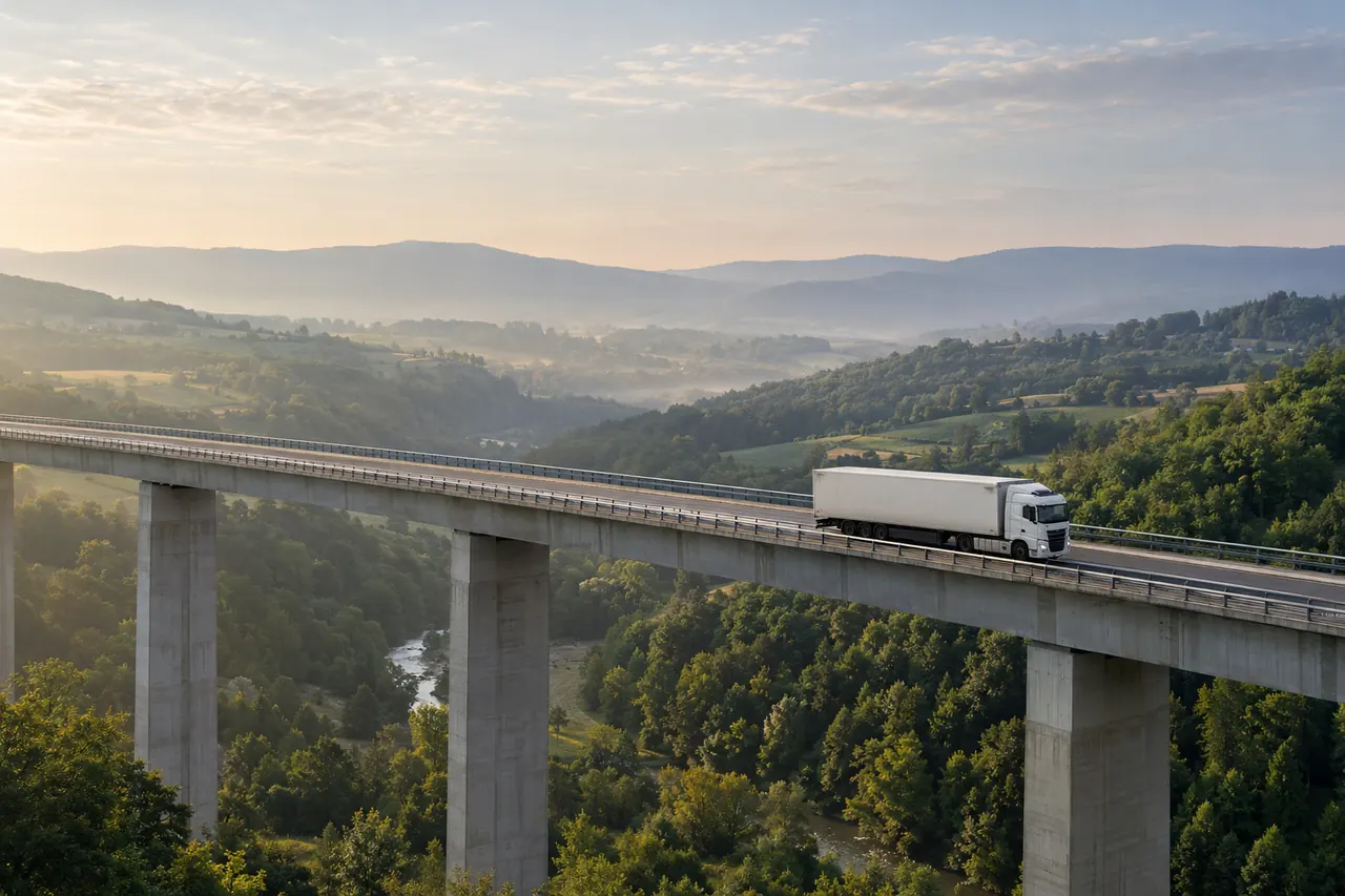 Un camión avanza por un viaducto largo tendido sobre el valle.