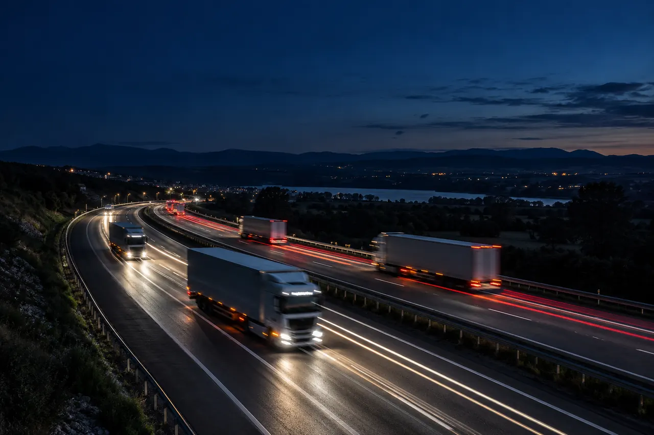 Estelas de luz de camiones en una autopista de noche, el tramo largo de cualquier envío por carretera.